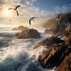 Sticker - Seagulls flying over a rocky shoreline. 