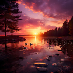 Sticker - Serene sunset over a tranquil lake.