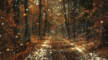 Autumn leaves and early snowflakes mingle on a forest path heralding the changing seasons