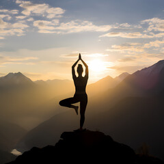 Wall Mural - Silhouette of a person practicing yoga on a mountain