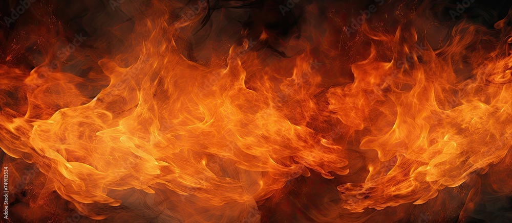 A multitude of orange-toned fire flames fiercely flickering and dancing ...