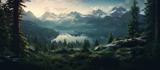 Wall Mural - A painting depicting a mountain scene with billowing clouds and lush trees. The viewer overlooks lakes and mountains from above the tree line, capturing the beauty of nature.