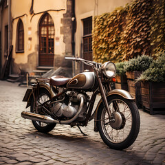 Sticker - Vintage motorcycle parked on a cobblestone street. 