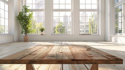 Wall Mural - Wooden table in sunny office with big windows