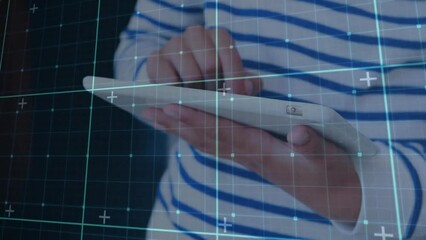 Poster - Animation of grids over midsection of caucasian teenage boy using tablet