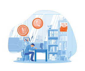 Poster - Stress in Office concept. Tired and exasperated office worker is grabbed his head among piles of papers and documents. flat vector modern illustration 