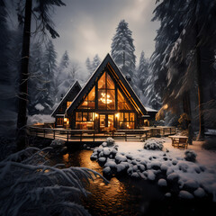 Wall Mural - A cozy cabin in the middle of a snowy forest.