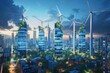 Cyberpunk A futuristic renewable energy complex with vertical wind turbines and high-efficiency solar panels in an urban setting Scenic contrast: glittering city at night, another bathed in sunset