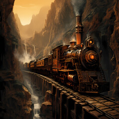 Canvas Print - A steampunk-inspired train traveling through a canyon