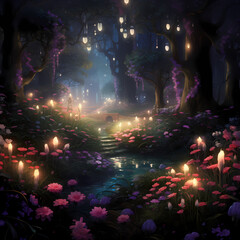 Wall Mural - An enchanted garden with glowing flowers.