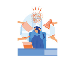 Poster - Multitasking Work concept. Business Woman Surrounded by Hands with Office Things. Multitasking and Time Management Concept. flat vector modern illustration 