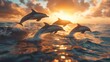 Against the backdrop of a breathtaking sunset, a pod of dolphins leaps joyfully above the ocean waves, painting a scene of pure exuberance and natural beauty.