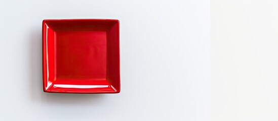 Sticker - A red square plate is placed neatly on top of a white wall, creating a visually striking contrast between the bright white background and the bold red plate in a minimalist setting.