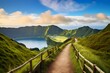 A path leading to viewpoint Miradouro da Boca do Inferno in Sao Miguel Island, Azores, Portugal. Amazing crater lakes surrounded by green fields and forests. Tourist at the end of the scenic way.
