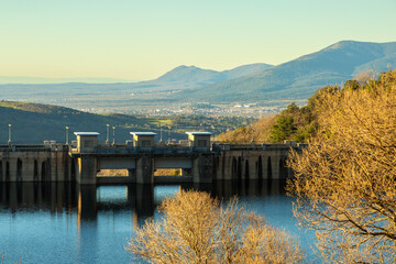 Dam in the Cercedilla reservoir, located in the Sierra de Guadarrama National Park. Madrid Spain