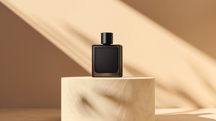 Wall Mural - mockup of a plain black perfume bottle neatly placed on a podium on a neutral background, Ai generated Images