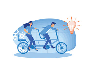 Poster - Creative Idea Teamwork Concept. Business Team Riding Tandem Bicycle. Businessman and Businesswoman Characters on Bike. Cooperation Leadership Metaphor. flat vector modern illustration