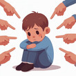 a child sits glumly surrounded by hands pointing at him