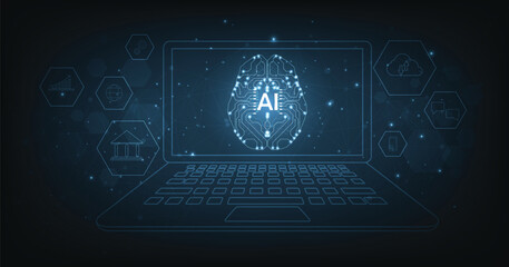 Poster - Artificial Intelligence Business Internet Technology on blue background Concept.Data analysis of financial and bank and data connection with AI.Business strategy with Artificial Intelligence. 