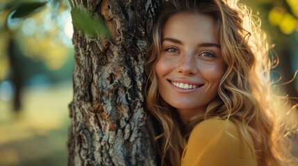 portrait of a girl, woman, leaning on the tree, hugging, nature, environment