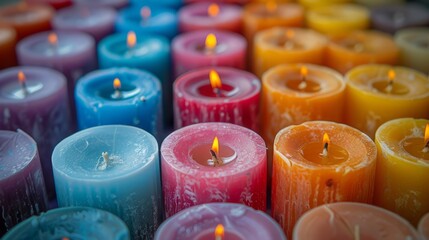 burning candles, colorful, rows, 