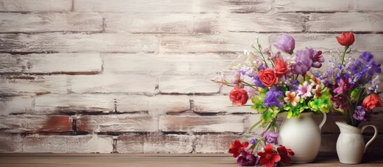 Poster - A side view of a white vase on a wooden table against a brick wall, filled with an abundance of vibrant and diverse flowers in shades of violet, red, and green.