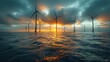 wind turbines in the ocean at sunset, sunrise