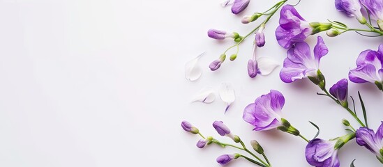 Canvas Print - A collection of vibrant purple freesia flowers, blooming against a clean white backdrop. The delicate petals and slender stems create a striking contrast in this macro shot.