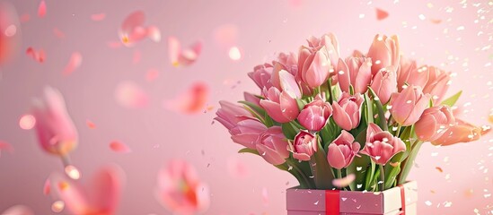 Canvas Print - A bouquet of pink tulips is elegantly arranged in a pink vase. The vibrant flowers contrast beautifully with the soft pink backdrop, creating a cheerful and festive display.