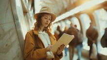 Young Woman Reading In Subway, Focused And Stylish.