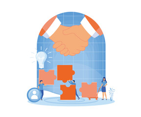 Poster - Team work, team building, corporate organization, partnership, problem solving, innovative business approach, brainstorming, unique ideas and skills, people with puzzle pieces. 