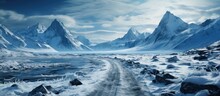 Portrait of snowy and frozen mountain road in winter landscape