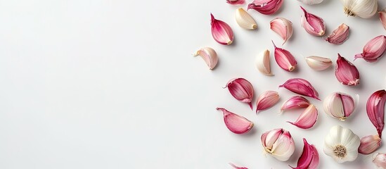 Poster - A variety of garlic bulbs and red onions are arranged in a bunch on a clean white surface. The garlic cloves are visible, as well as the papery outer layers of the bulbs.