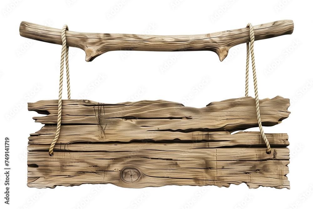 Empty hanging wooden sign board with ropes isolated on transparent PNG ...