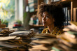 African American woman in an office, overwhelmed by a mountains of paperwork. Neural network generated in January 2024. Not based on any actual scene or pattern.