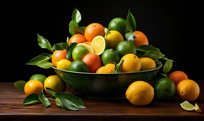 Poster - Citrus fruit in a bowl on a black background with leaves