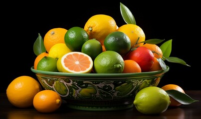 Canvas Print - Citrus fruits in a bowl on a wooden table, black background