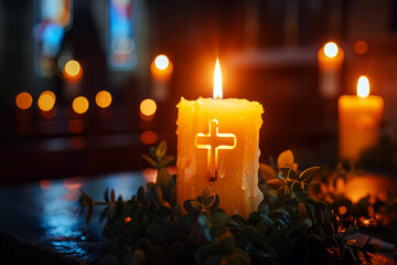 Wall Mural - Devotional Candle with Cross Illuminating a Dark Church Interior