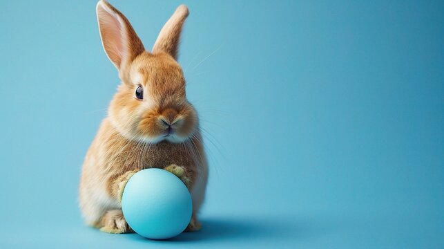 Easter bunny rabbit with blue painted egg on blue background. Easter holiday concept