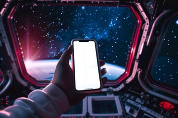 Wall Mural - person wearing a blue spacesuit and jeans looks out of a window, holding a cell phone in their hand