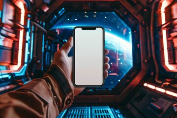 Wall Mural - person gazes out of a porthole on a spaceship, their phone reflecting the starry expanse of space