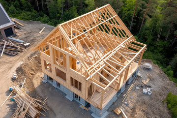 Wall Mural - Aerial view of construction of a framework of a new wooden house