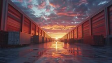 Sunrise Reveals The Warehouse's Crucial Role In Global Logistics, Its Silhouette Shining In Dawn's First Light.