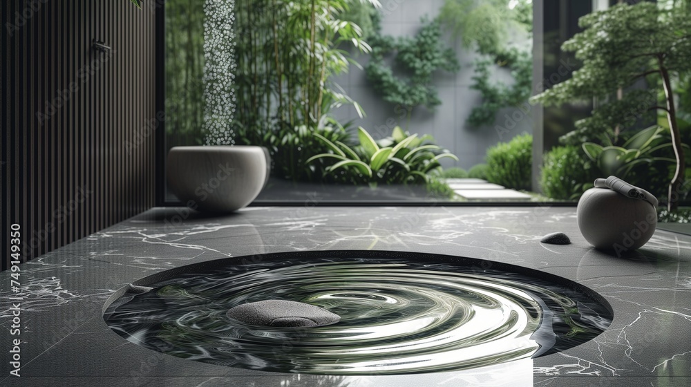 Zen garden office with a circular marble mosaic inlay depicting ripples ...