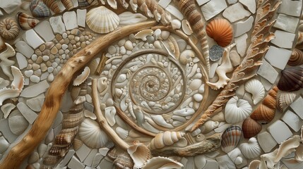 Wall Mural - Boho beach office, circular marble mosaic with seashell and driftwood designs. Background Beachcomber's paradise.