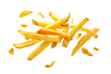 Flying delicious potato fries isolated on white background PNG