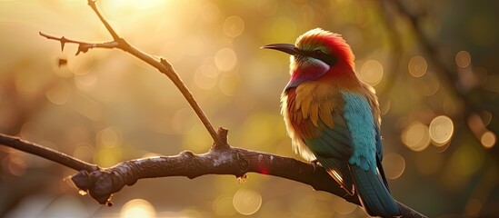 Canvas Print - A majestic, trained bird is gracefully perched on a tree branch, showcasing its vibrant colors. The bird is still and alert, blending harmoniously with its natural surroundings.