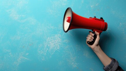 A hand with a red megaphone on a blue background.