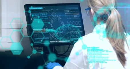 Poster - Animation of data processing and chemical formula over caucasian female scientist using computer