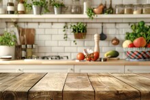 Wood Table Top Serves As A Stage For Culinary Creations Against A Softly Blurred Kitchen Backdrop Inviting Imagination